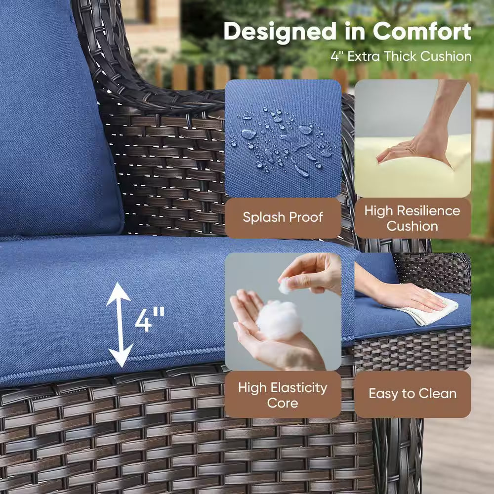 Carolina Brown Swivel Rocking Wicker Outdoor Lounge Chair with Blue Cushions with Ottomans