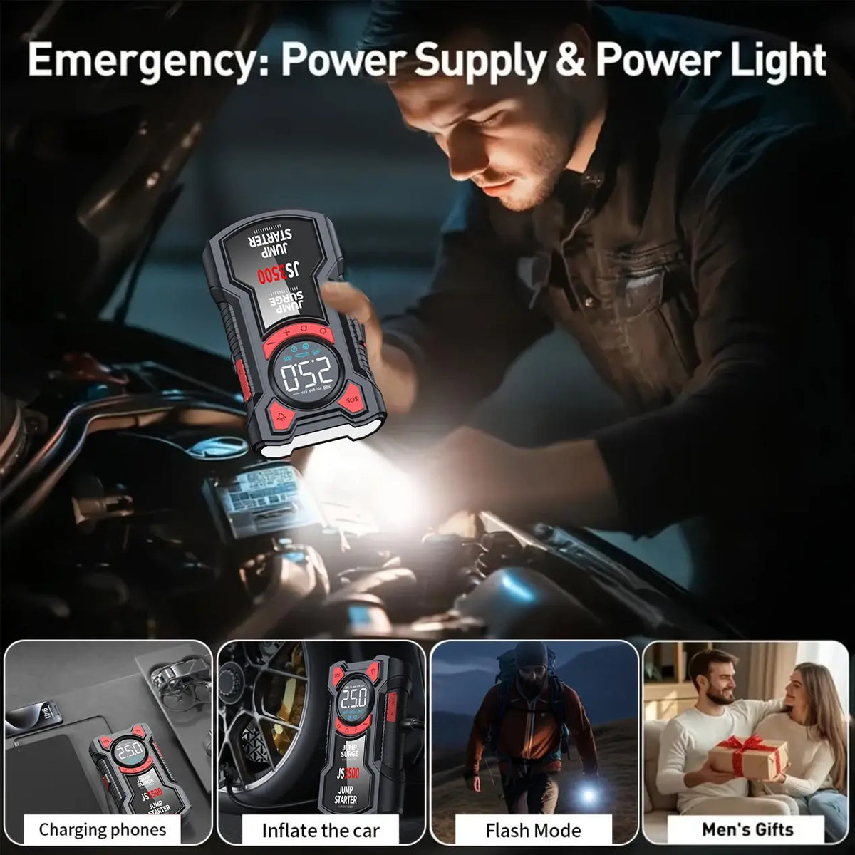 5-In-1 Multifunctional Air Pump Jump Starter with Air Compressor 3000A Peak/150Psi Battery Jump Starter Digital Tire Inflator