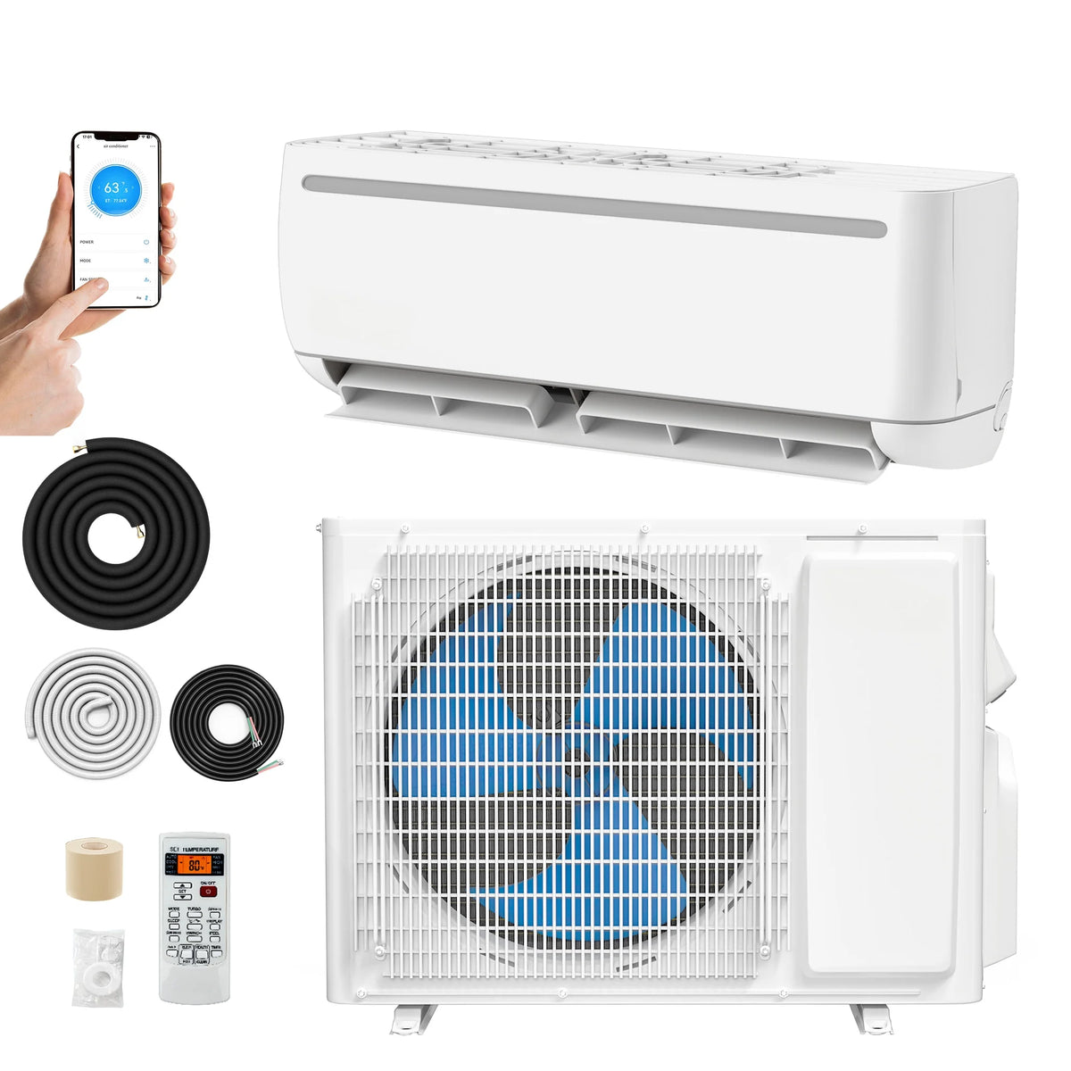 12000 BTU Mini Split Air Conditioner Heat Pump System, Wifi Enabled 17 SEER2 208-230V Ductless AC Cool up to 750 Sq. Ft, Compatible with Alexa, R32 Refrigerant & Installation Kit, White