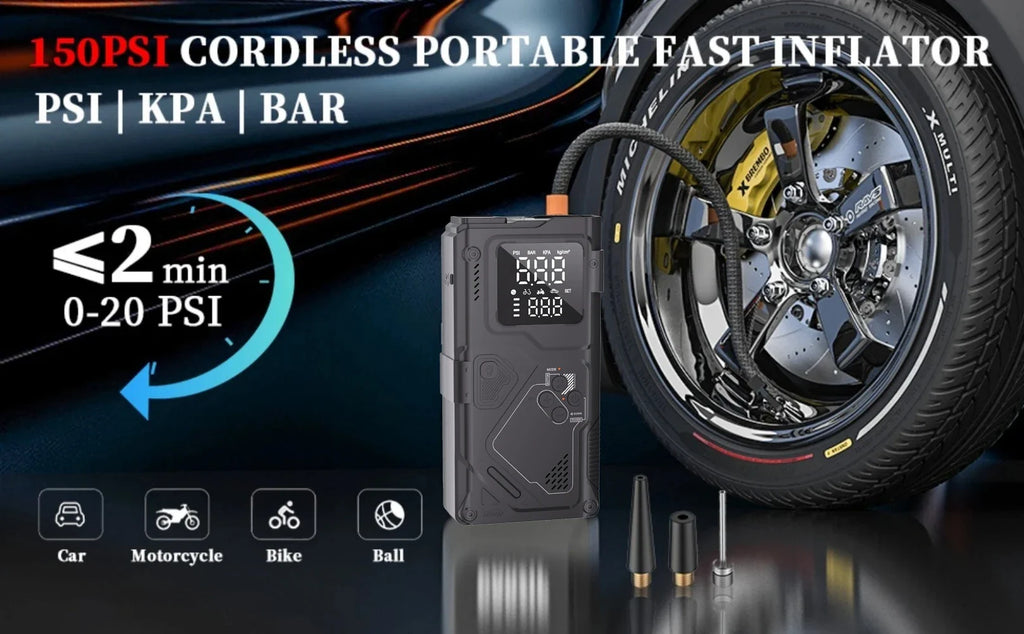 6 in 1 Jump Starter with Air Pump Peak 5000A Booster 150PSI Tire Inflator 8L Gas/4L Diesel with DC Power Cord 400LM Flashlight