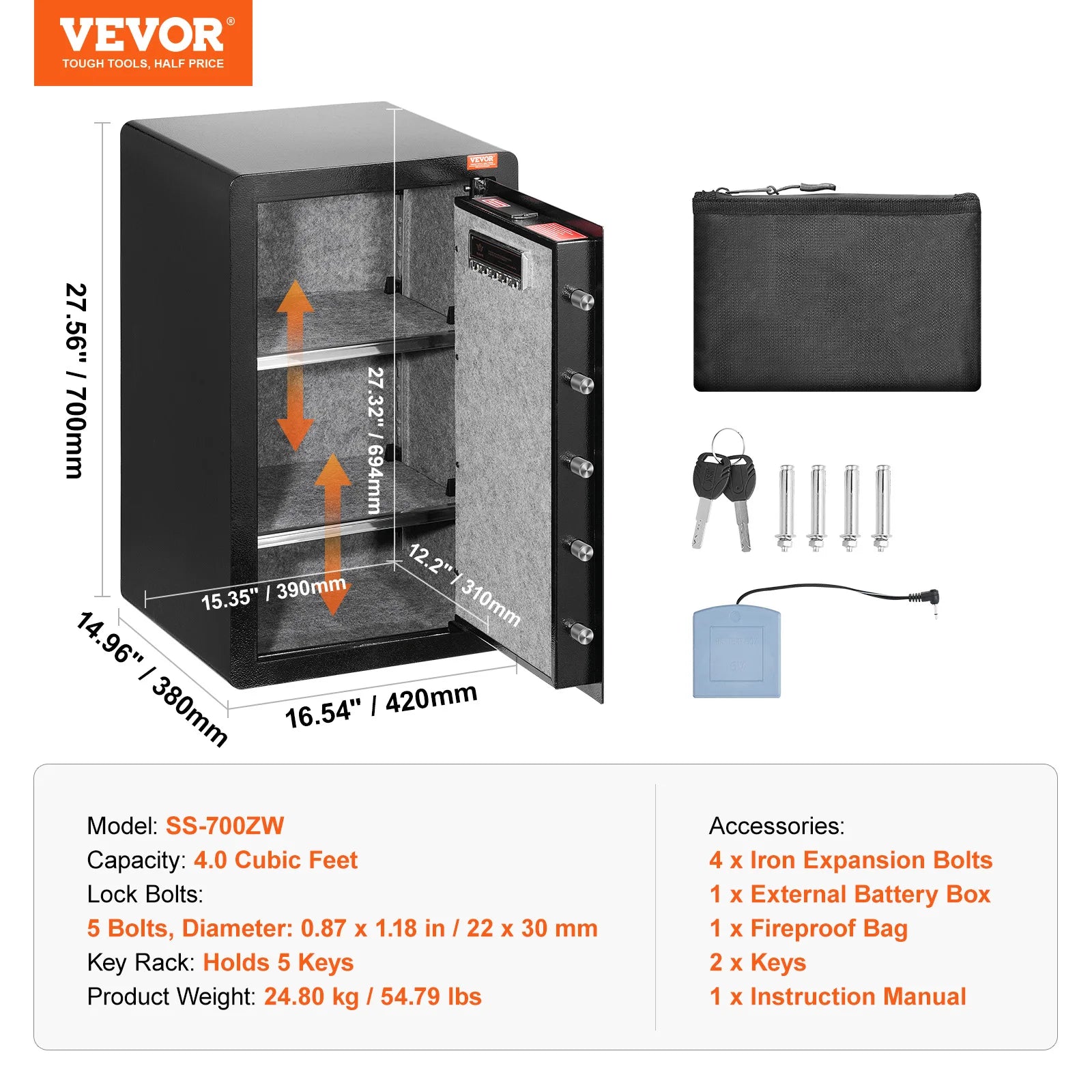 Succebuy Single/Double Door Safe Box with Key Lock Password & Fingerprint Safe Lock Box with Fireproof Bag Key Rack & LED Light