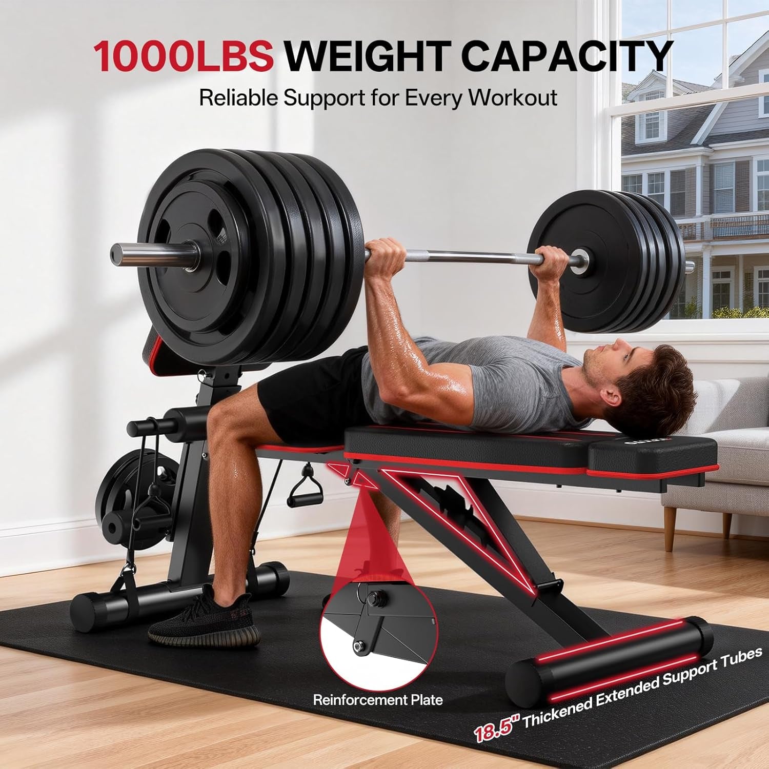 Adjustable Weight Bench for Home Gym, 1000 LBS Capacity, Foldable Incline Decline Flat Workout Bench with Leg Extension & Back Extension, Exercise Preacher Curl Bench for Full Body Training