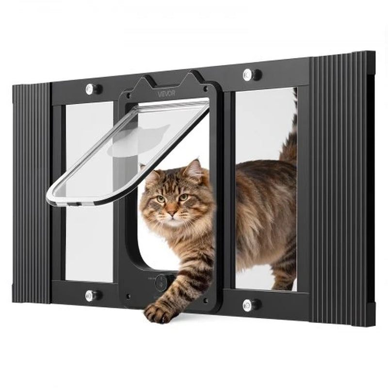 Cat Door for Window, Adjustable to Fit Window Width 27-32, 4 Secure Lock Modes, Aluminum Frame and High-Transparency Glass, Magnetic Closure, Weatherproof Quick-Fit Pet Door for Cats, Black