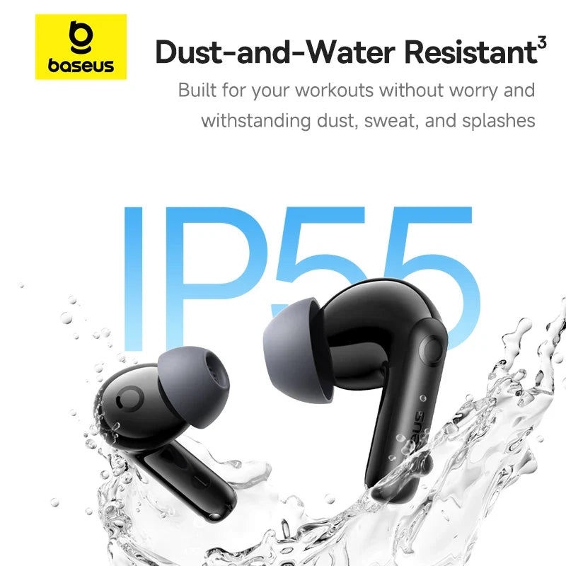 Baseus Bass BP1 Pro -50Db Noise Cancelling Wireless Earbuds Bluetooth 6.0 LDAC Hi-Res Sound 6-Mic AI Clear Calls IP55 Earphones
