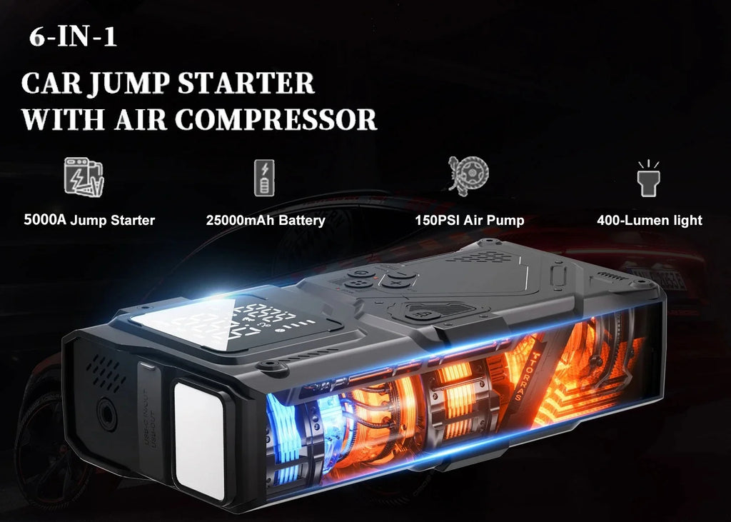 6 in 1 Jump Starter with Air Pump Peak 5000A Booster 150PSI Tire Inflator 8L Gas/4L Diesel with DC Power Cord 400LM Flashlight