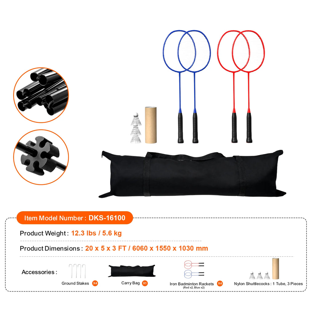 Badminton Net, Height Adjustable Volleyball Net, 20Ft Wide Foldable Pickleball Net, Portable Tennis Net Set with Poles, Stand, Bag, Rackets, Nylon Shuttlecocks, Kid Backyard Indoor Outdoor Use