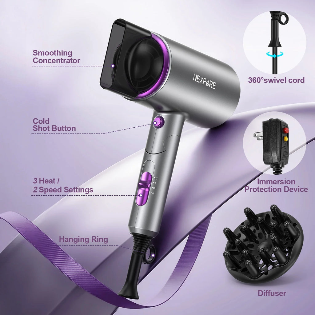 Professional Ionic Hair Dryer, 2000W Powerful Blow Dryer with Diffuser and Concentrator, for Home and Travel Use, Purple