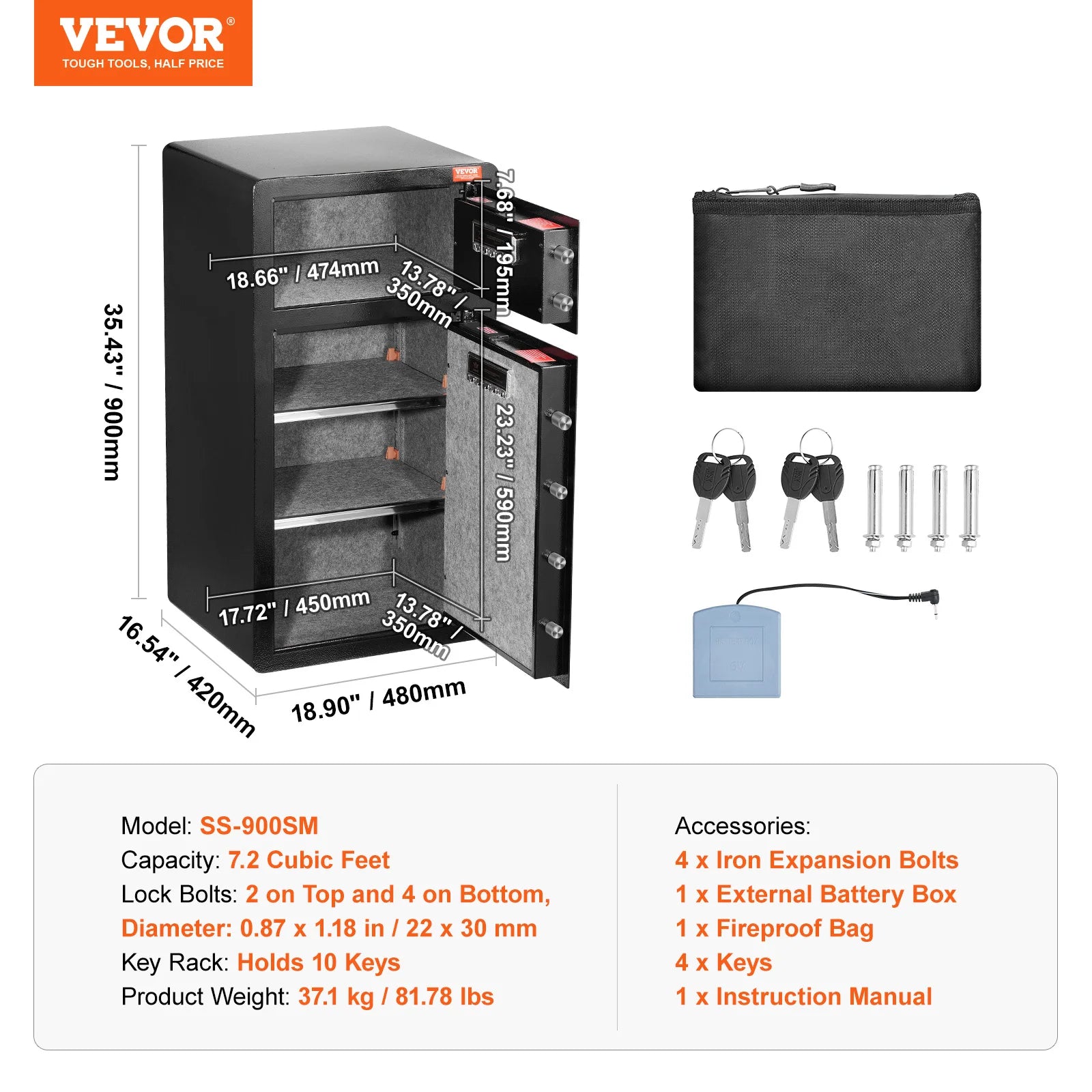 Succebuy Single/Double Door Safe Box with Key Lock Password & Fingerprint Safe Lock Box with Fireproof Bag Key Rack & LED Light
