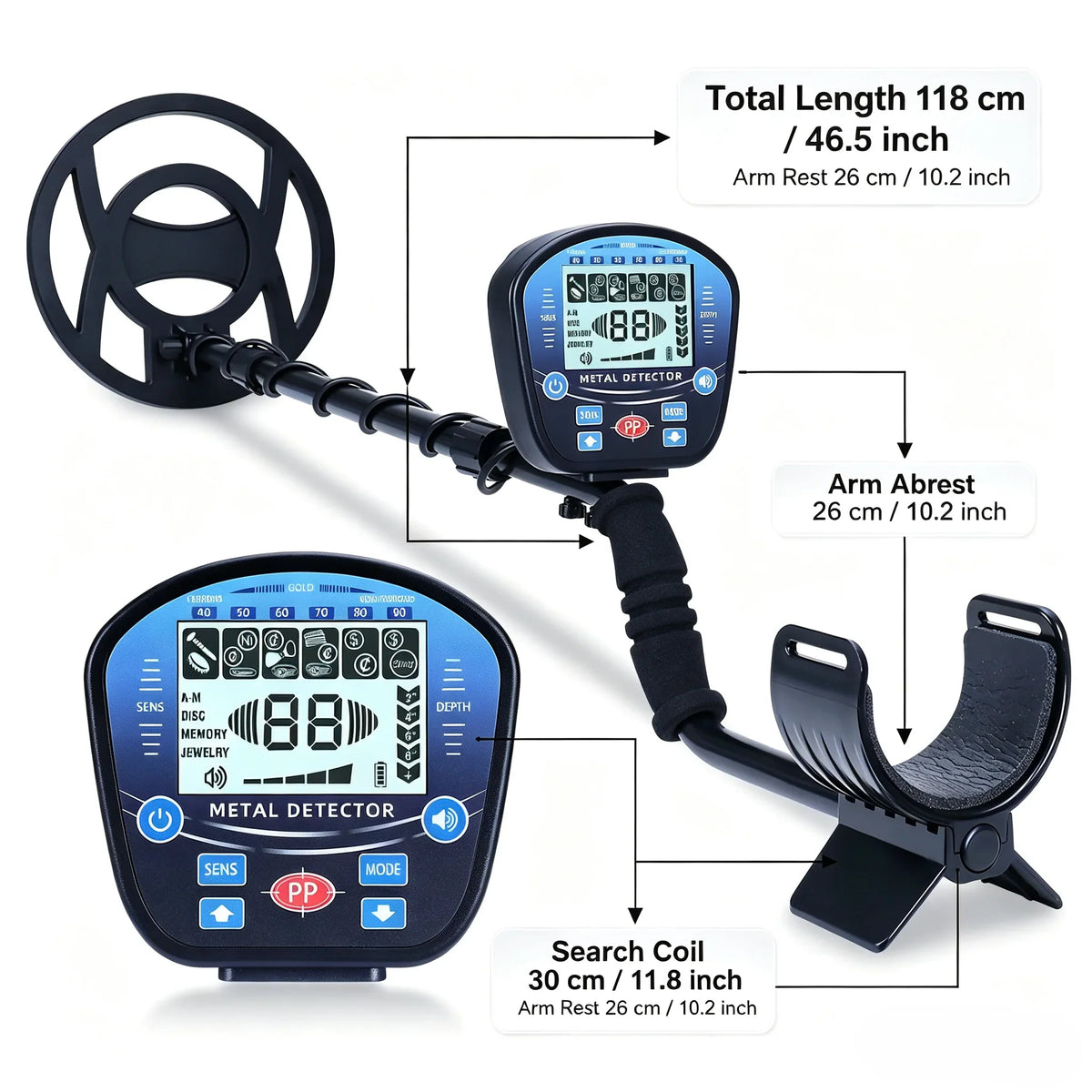 Professional Underground Metal Detector for Adults Waterproof Search Coil High Sensitivity Gold Silver Coin Treasure Hunter Adjustable Length Stem LCD Display Disc Mode Outdoor Beach Garden Archaeological Metal Detecting Equi