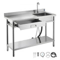 Stainless Steel Utility Sink, Rolling Single Bowl Commercial Kitchen Sink with Drawer, Faucet and Hot & Cold Water Pipe, Utility Basin for Garage, Restaurant, Laundry, 47.2 X 19.7 X 37 In