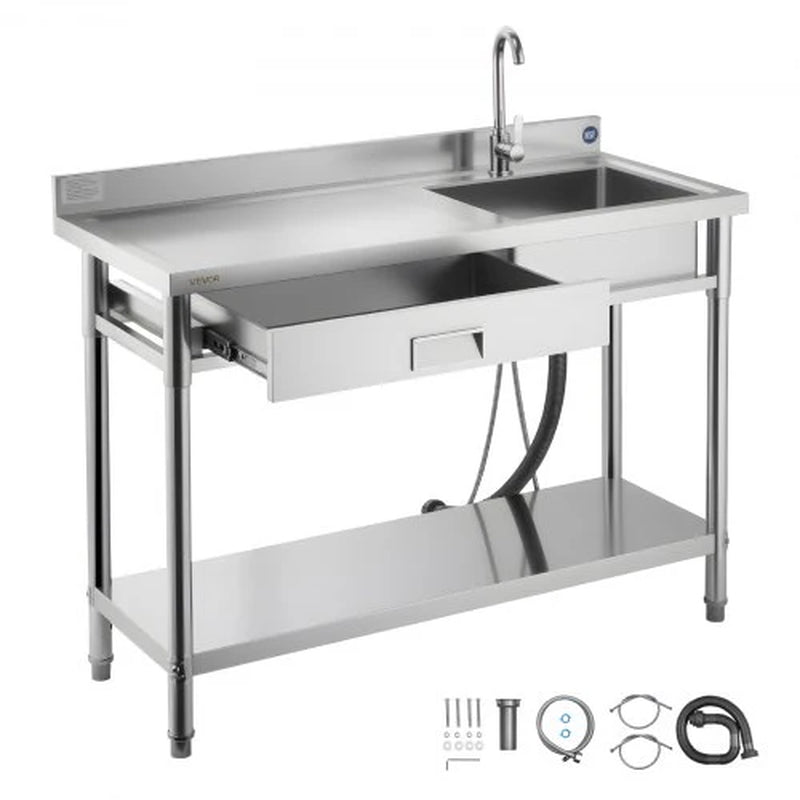 Stainless Steel Utility Sink, Rolling Single Bowl Commercial Kitchen Sink with Drawer, Faucet and Hot & Cold Water Pipe, Utility Basin for Garage, Restaurant, Laundry, 47.2 X 19.7 X 37 In