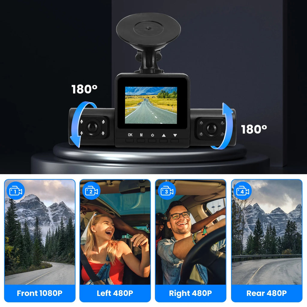 1Pc 360 Degree View FHD 4 Channel Dash Cam 1080P Front 480P Rear Left Right inside Dash Camera with IR Night Vision Loop Recording Motion Detection Free 32GB MMC Card