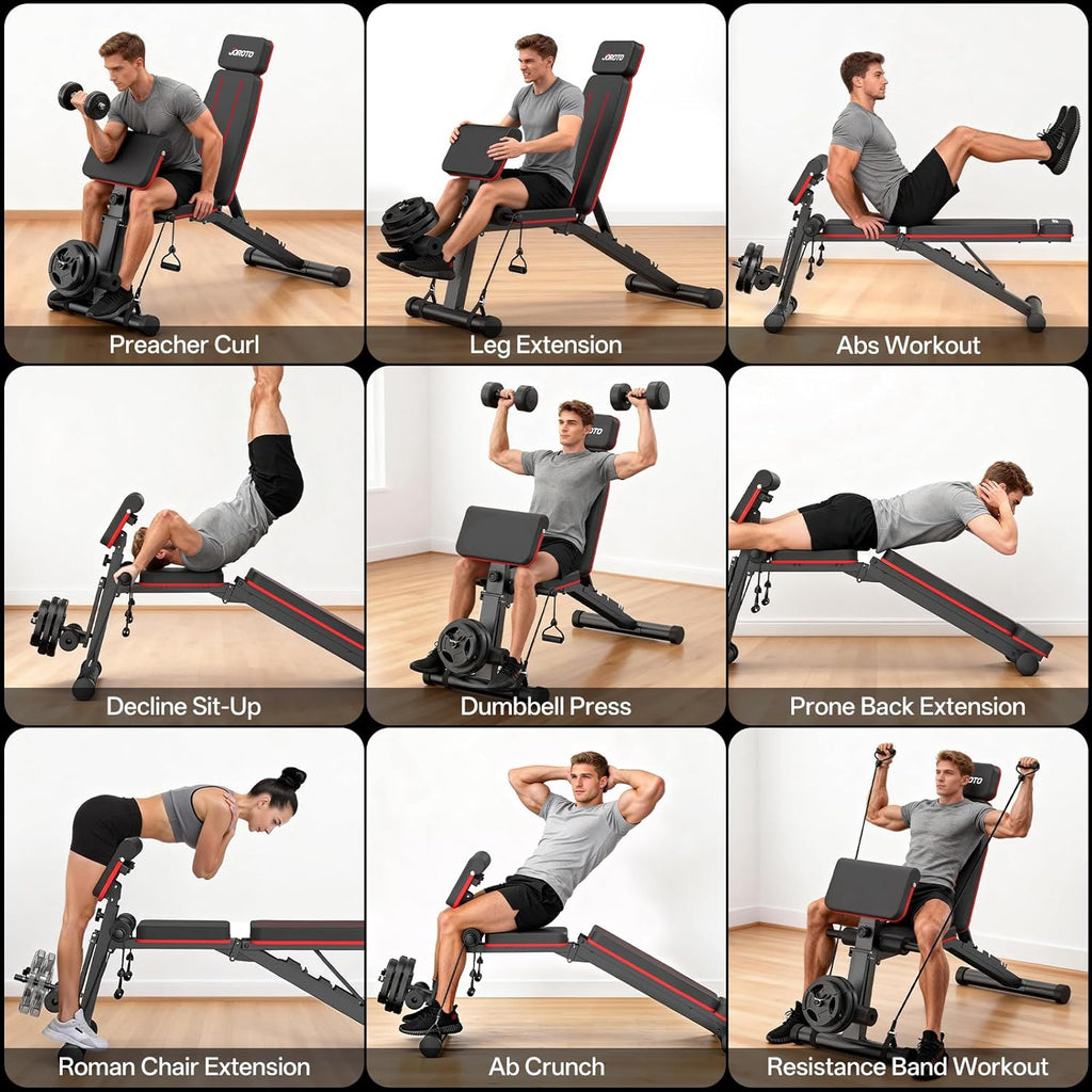 Adjustable Weight Bench for Home Gym, 1000 LBS Capacity, Foldable Incline Decline Flat Workout Bench with Leg Extension & Back Extension, Exercise Preacher Curl Bench for Full Body Training