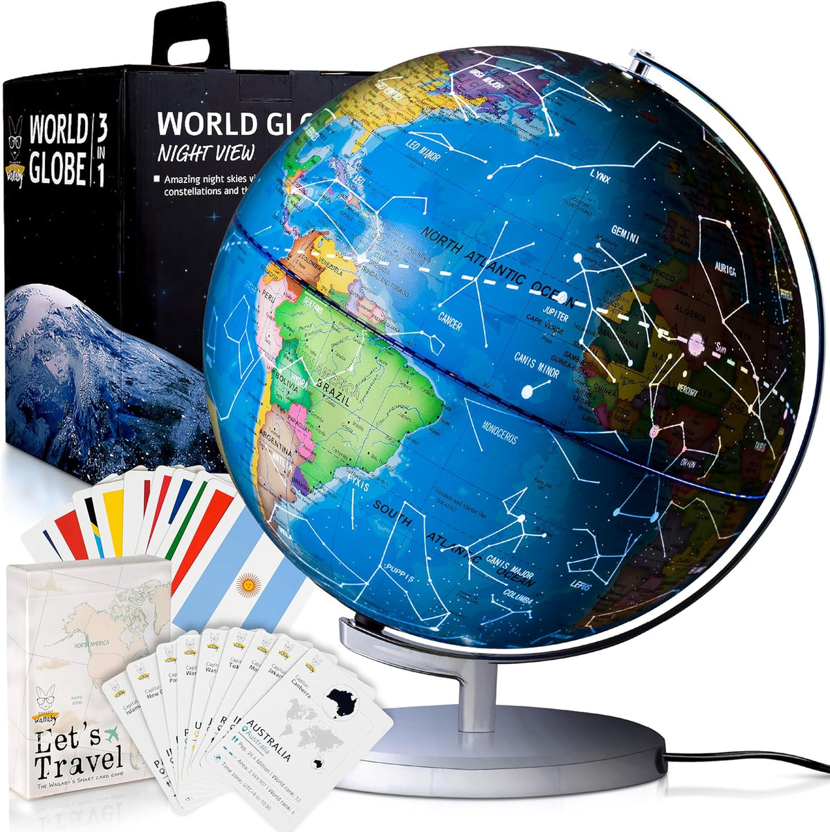 Adventure Around the World Light Up Globe for Kids Ages 5+ STEM Geography Learning with LED Night Light and Trivia Cards