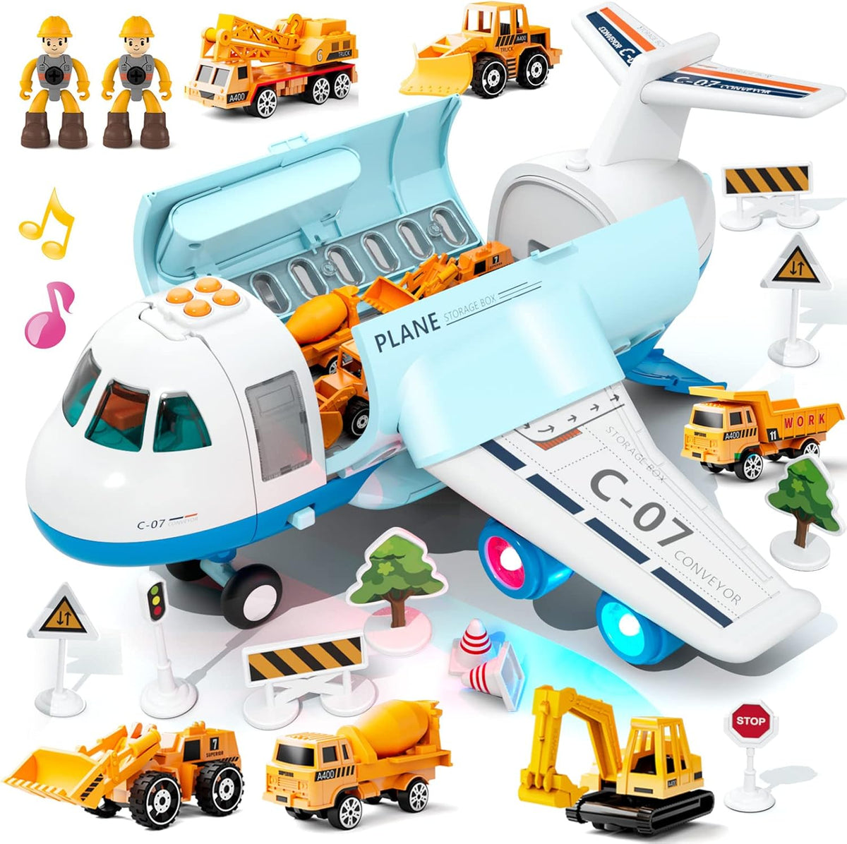 Sky Explorer Cargo Airplane Adventure with Lights, Sounds & Construction Vehicle Play Set