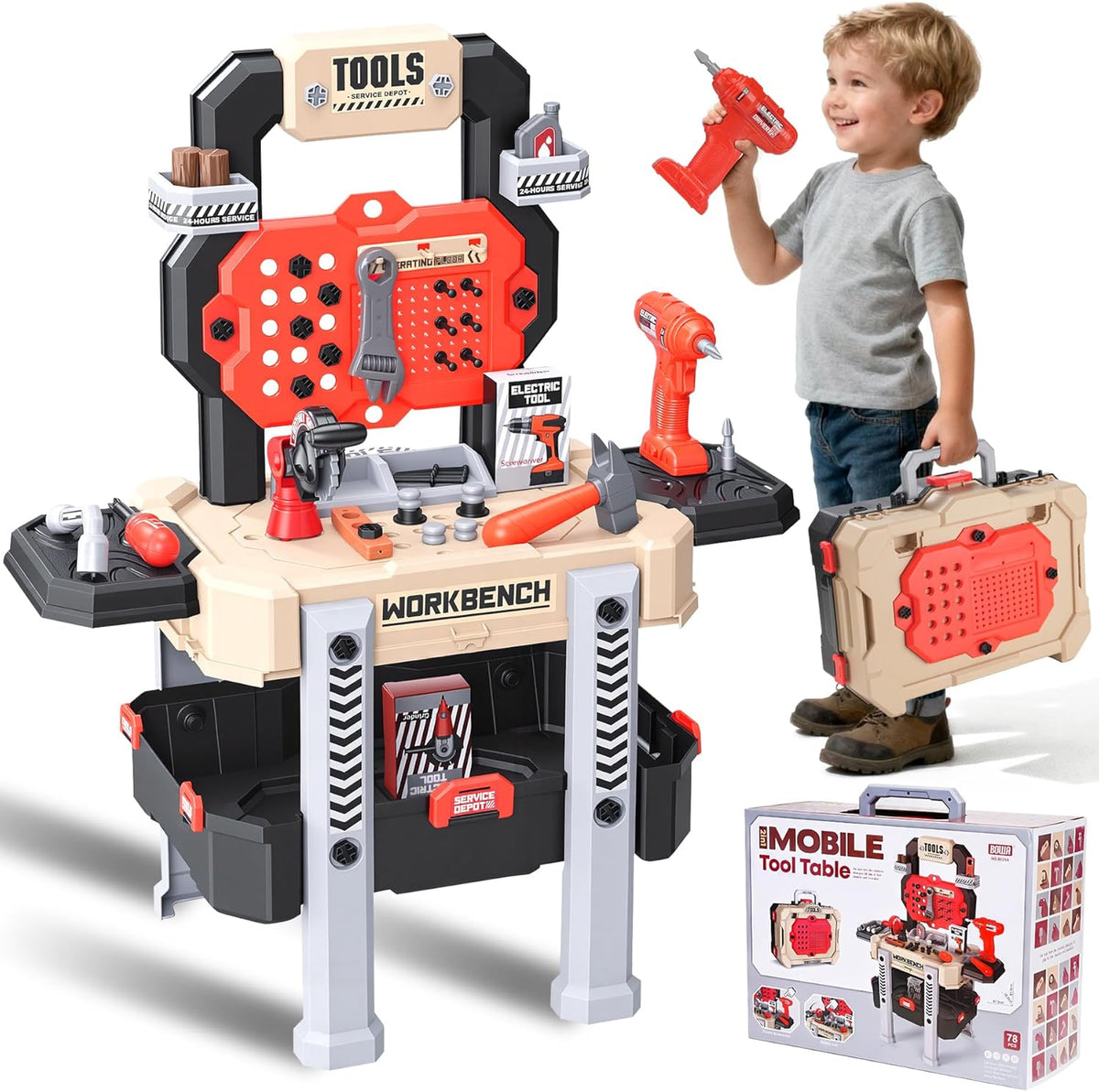 Little Builder Workbench STEM Workshop with Electric Drill Tool Box 83 Piece Construction Set for Kids Ages 3+