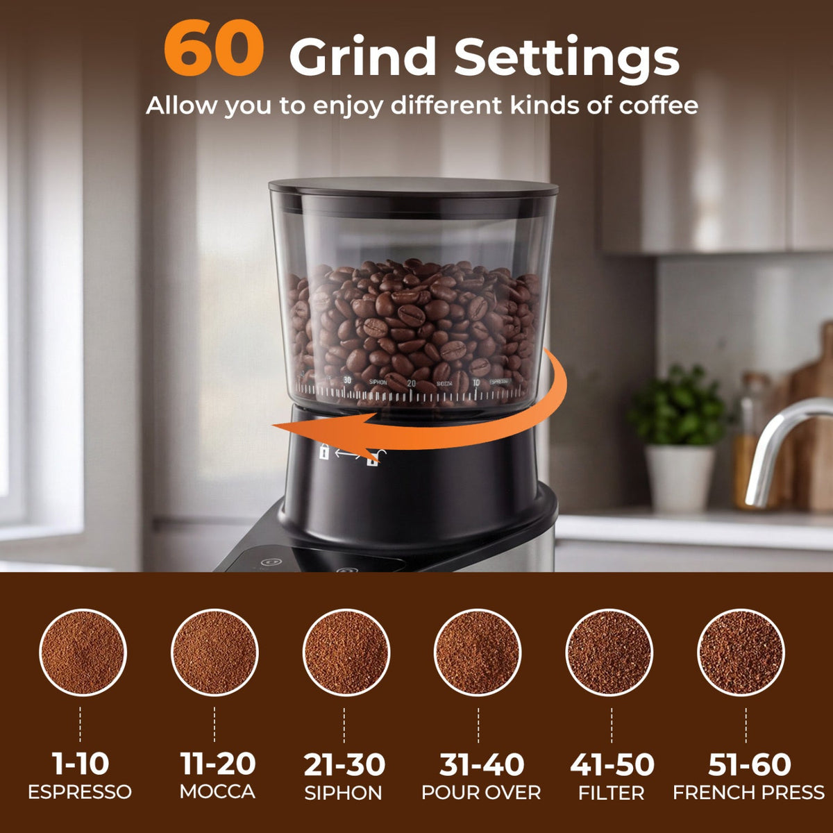 Conical Burr Coffee Grinder with 60 Precise Grinding Settings and Digital Display