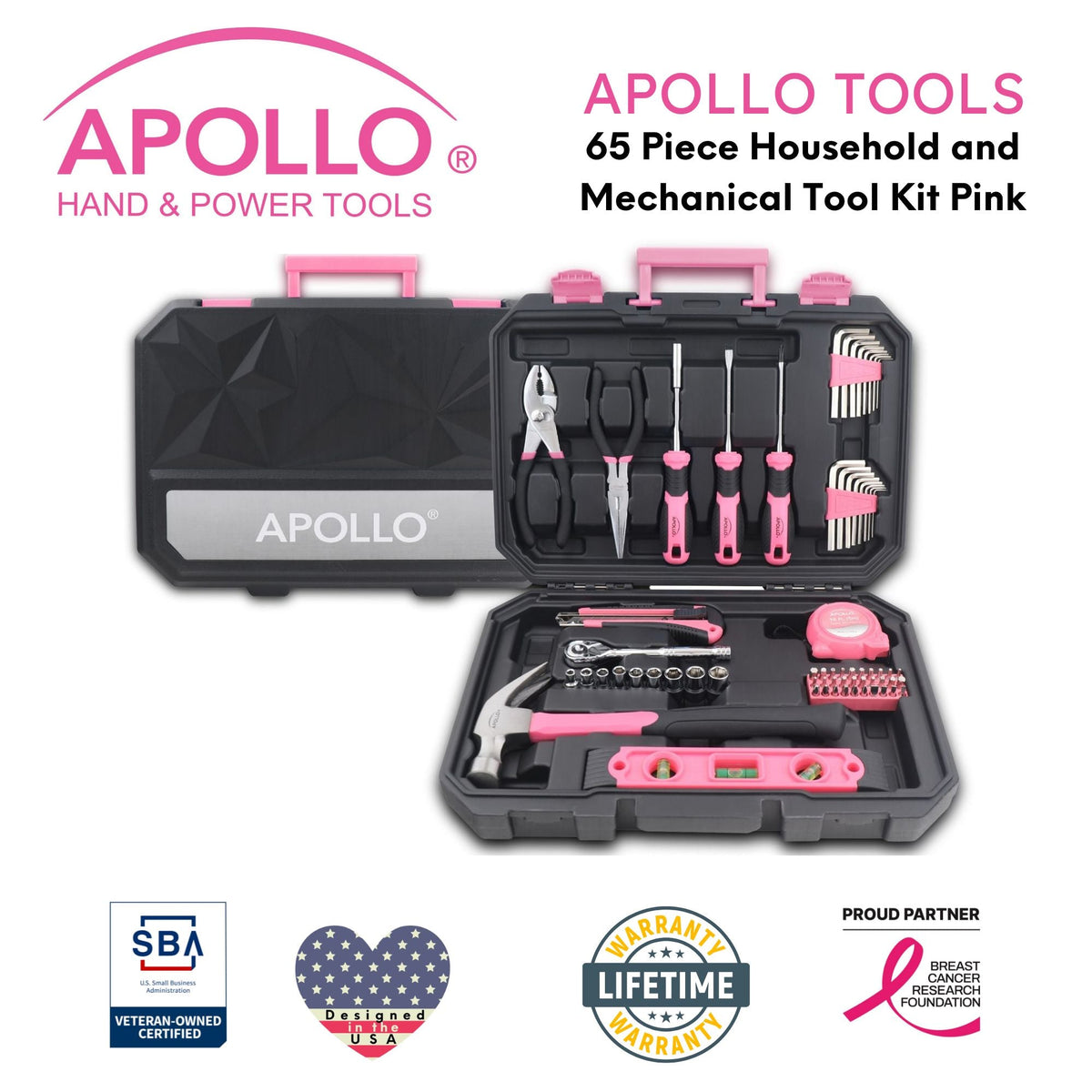 Essential 65-Piece Pink Tool Set with Socket Set and Most-Used Tools for Do it Yourself Repairs and Maintenance - DT0001P