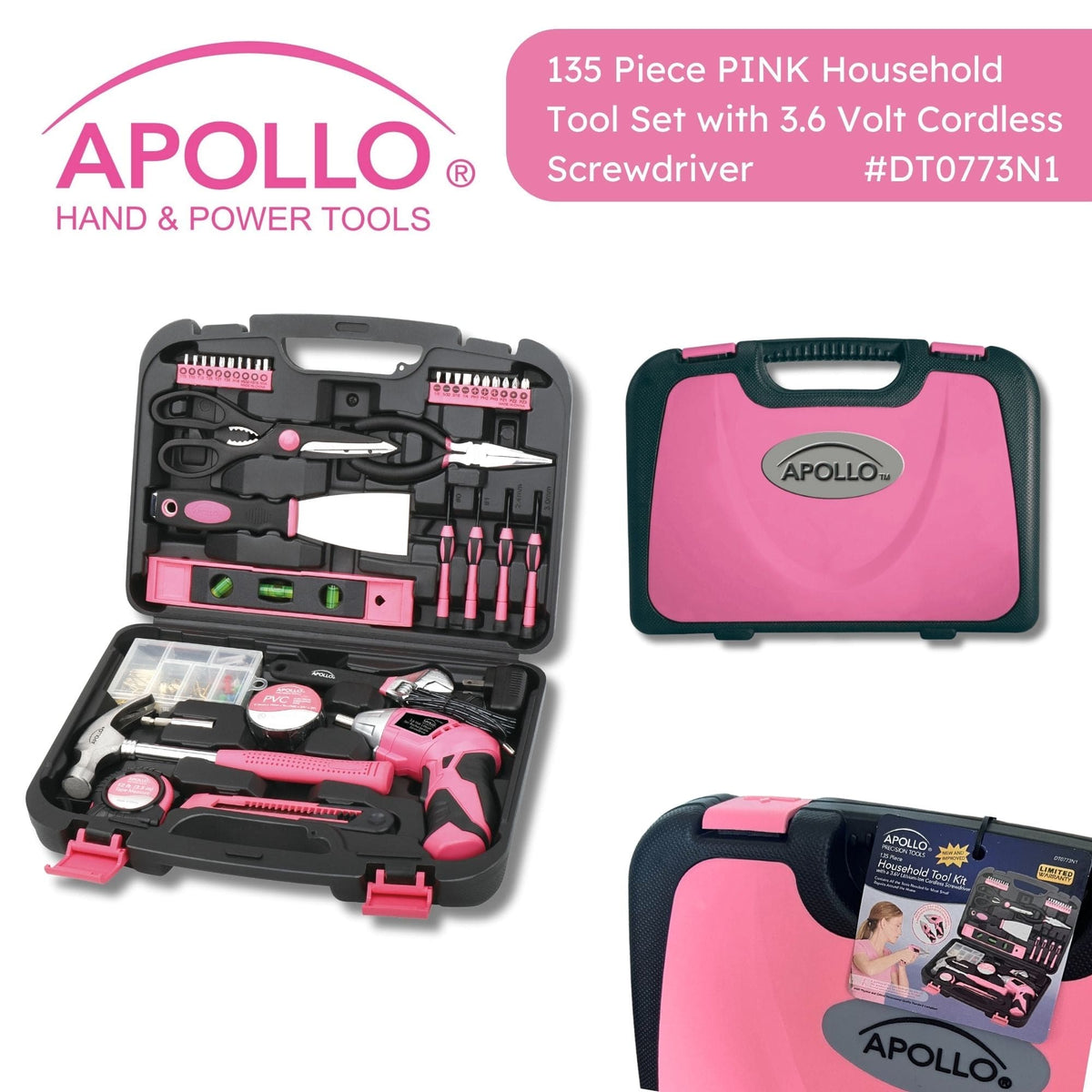 135 Piece Household Tool Kit Pink with Pivoting Dual-Angle 3.6 Volt Lithium-Ion Cordless Screwdriver - DT0773N1