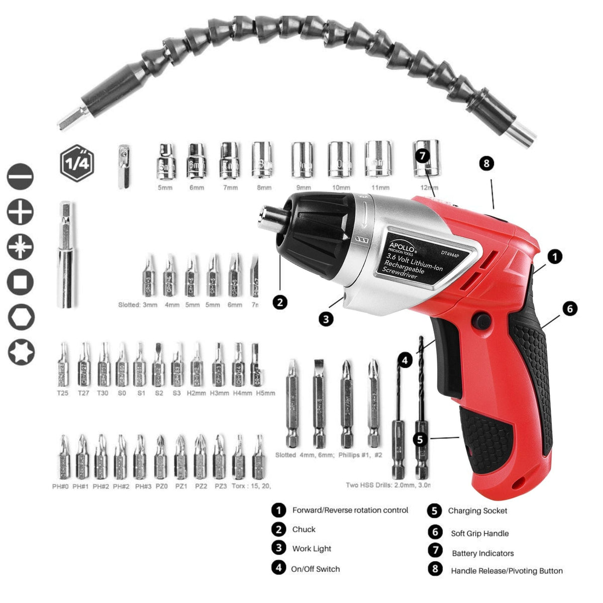 3.6 Volt Lithium-Ion Rechargeable Screwdriver with 45 Pieces Accessory Set - DT4944