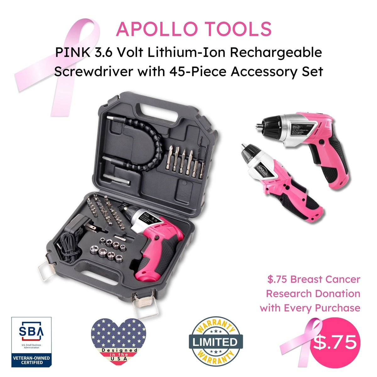 3.6 Volt Lithium-Ion Rechargeable Screwdriver with 45 Piece Accessory Set - Pink DT4944P