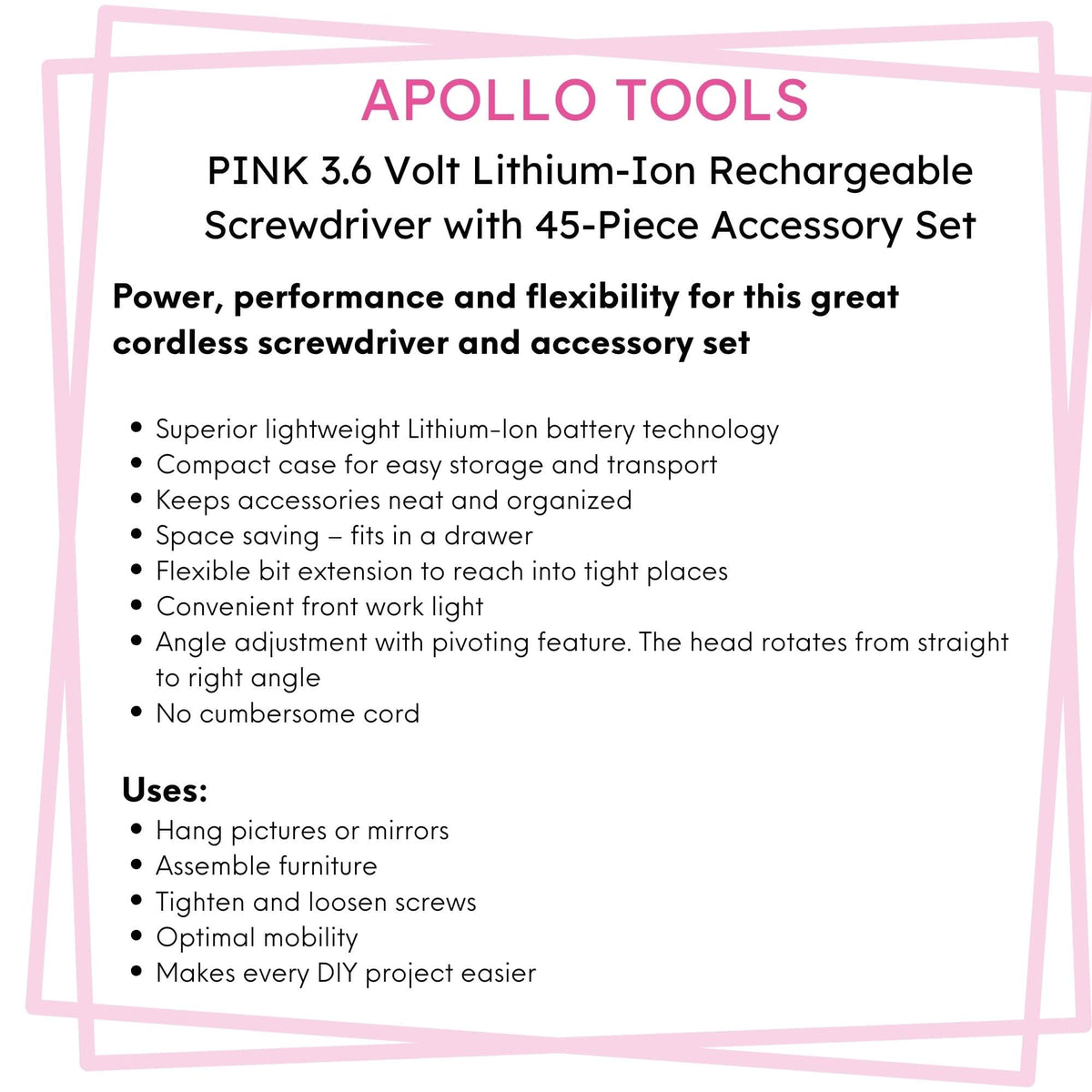 3.6 Volt Lithium-Ion Rechargeable Screwdriver with 45 Piece Accessory Set - Pink DT4944P