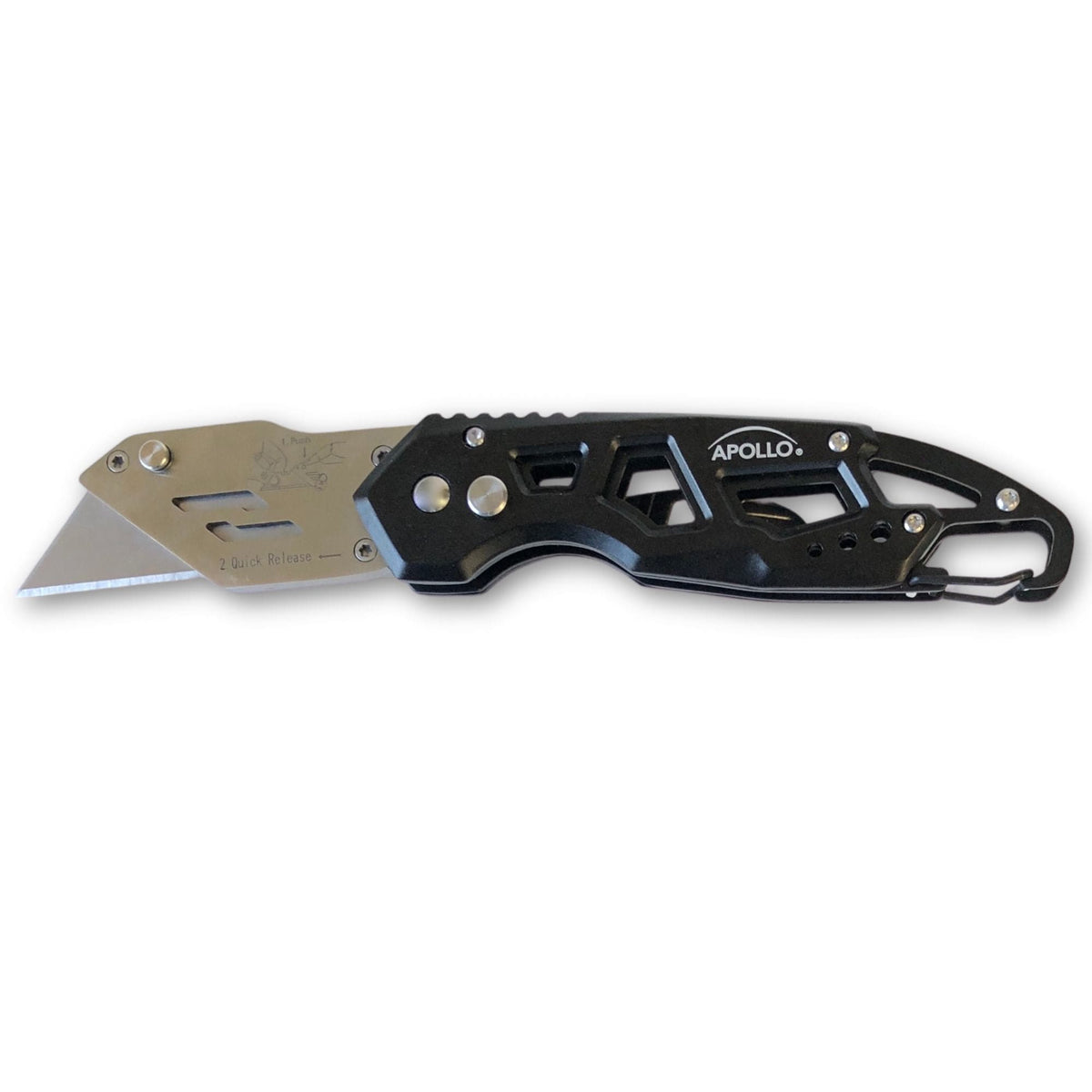 Ergonomic Stainless Steel, Lightweight, Foldable Black Utility Knife with Carabiner Clip and Fast-Change Blade - DT5017