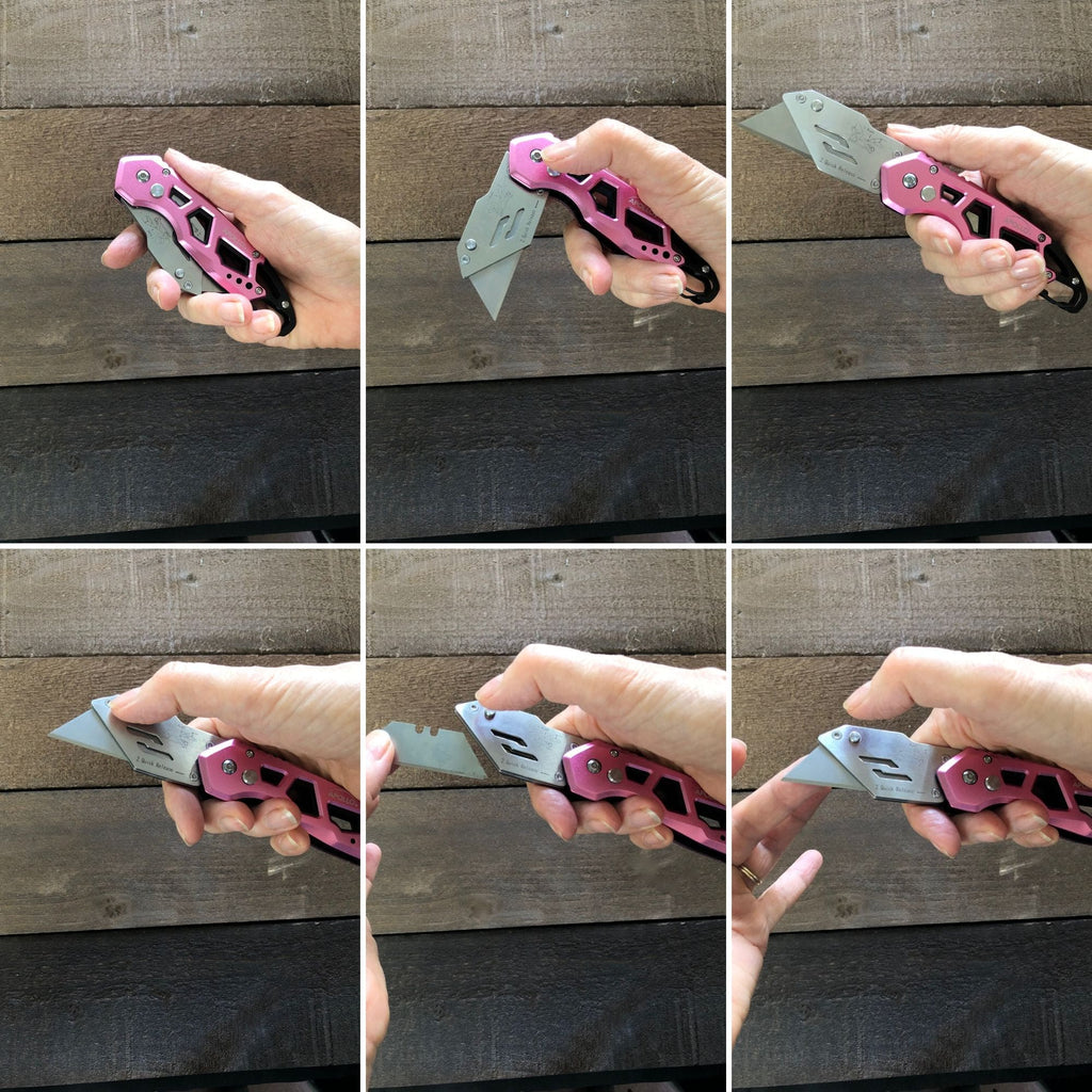 Ergonomic Stainless Steel, Lightweight, Foldable Pink Utility Knife with Carabiner Clip and Fast-Change Blade - DT5017P