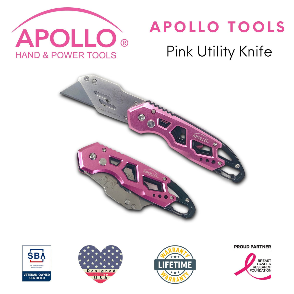 Ergonomic Stainless Steel, Lightweight, Foldable Pink Utility Knife with Carabiner Clip and Fast-Change Blade - DT5017P