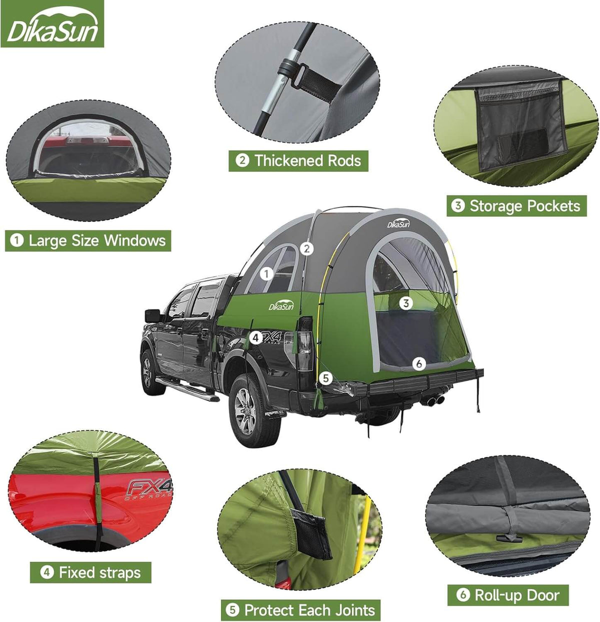5.5-6.7ft Portable Pickup Truck Bed Tent Green