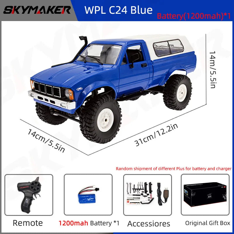 WPL C24-1 Full Scale RC Car 1:16 2.4G 4WD Rock Crawler Electric Buggy Climbing Truck LED Light On-road 1/16 For Kids Gifts Toys