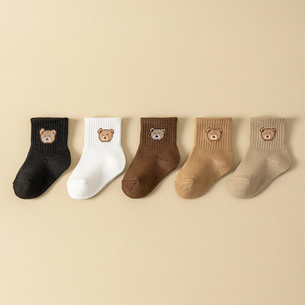 5 Pairs Baby Socks Toddler Soft Comfortable Breathable All-Season Cartoon Bear Pattern Kids Footwear
