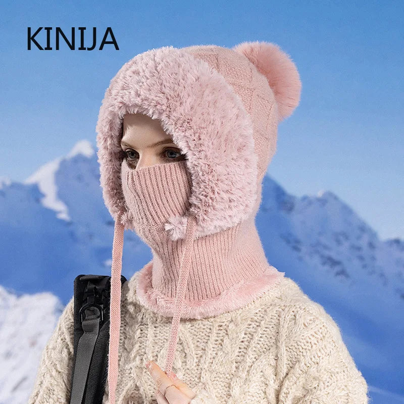 Women Winter Velvet Knitted Woolen Balaclava Hat Ear Protection fluffy Hat Mask Neck Integrated Warmth Cover Hat lady hooded cap