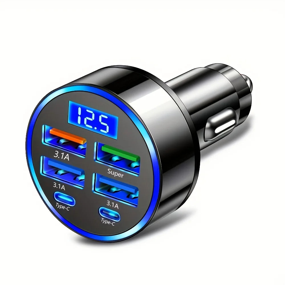 6-in-1 Fast Charging Car Adapter 3.1A Dual Type-C Digital Display Smar