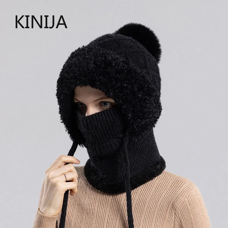 Women Winter Velvet Knitted Woolen Balaclava Hat Ear Protection fluffy Hat Mask Neck Integrated Warmth Cover Hat lady hooded cap