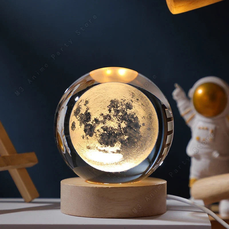 Unique 3D Crystal Ball Night Light Led Lamp Bedside Table Glowing Galaxy Lamp Saturn Planets Moon Children Birthday Gift Toy 5cm