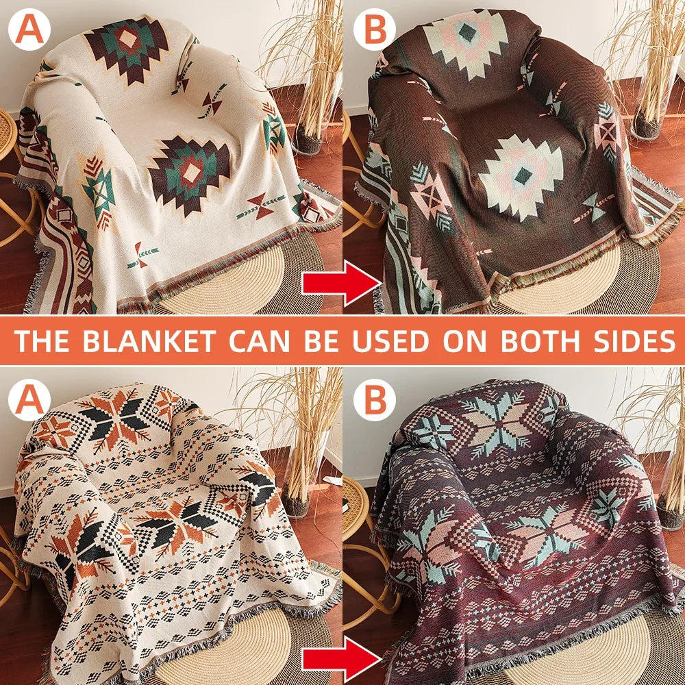 Aztec Blanket, Oversized Boho Throw Blanket with Fringe, Southwestern Geometric Tapestry Vintage Woven Throw Blankets, Double-Si