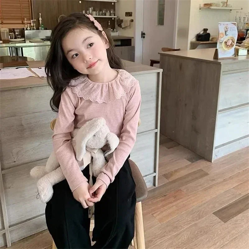 1-12 Years Girls Long Sleeve Lace T-Shirt – Spring Knitted Top with Ruffle Collar, Korean Style Children’s Shirt 2025