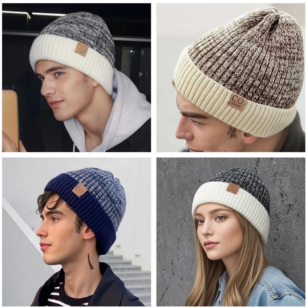 New Unisex Two-Tone Winter Hats Add Fur Lined Men And Women Fashion Warm Beanie Cap Casual Winter Knitted Hats