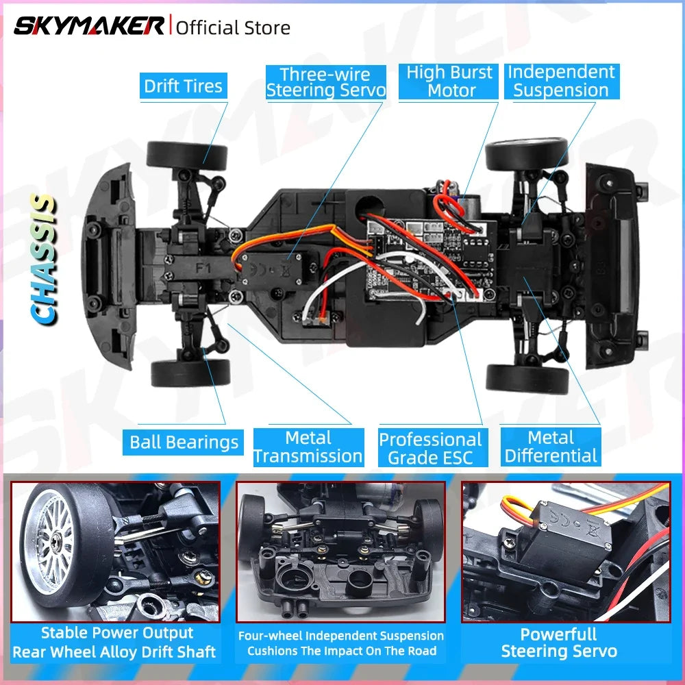 Skymaker LDRC 1/18 RC Drift Car LD1899 GTR Mode R34 2.4GHz RWD with Gyroscope on-Road Alloy Body Shell Racing Car for Boys Gifts