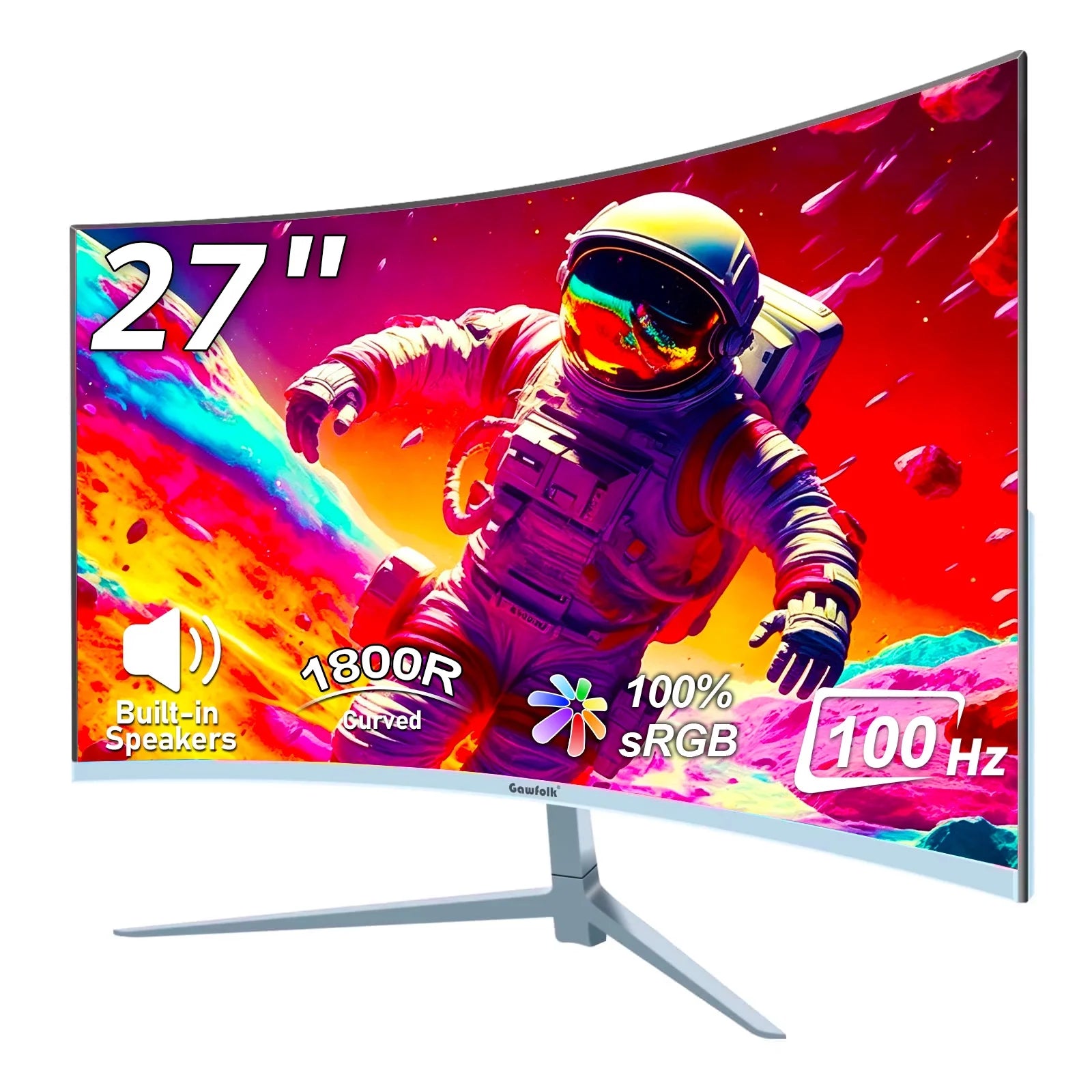 27 Inch Curved Monitor 100Hz, PC White Computer Gaming Monitor FHD 1080P, 1800R, Frameless, Built-In Speakers