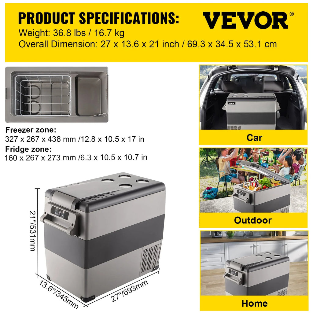 VEVOR 12 Volt Refrigerator, 58 Quart Car Refrigerator, Dual Zone Portable Refrigerator,Rv Refrigerator with 12/24V DC and 110-240V AC, Freezer Fridge Cooler, for Car, RV, Camping and Home Use