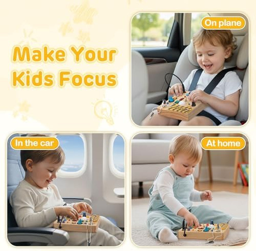 LED Busy Board for Toddlers 1-3,Montessori Sensory Toy with Key Switch and Plug, Light up Wood Activity Switch Board for Fine Motor Skills, Educational Travel Toy Gift for 1 2 3 Year Old Boys Girls