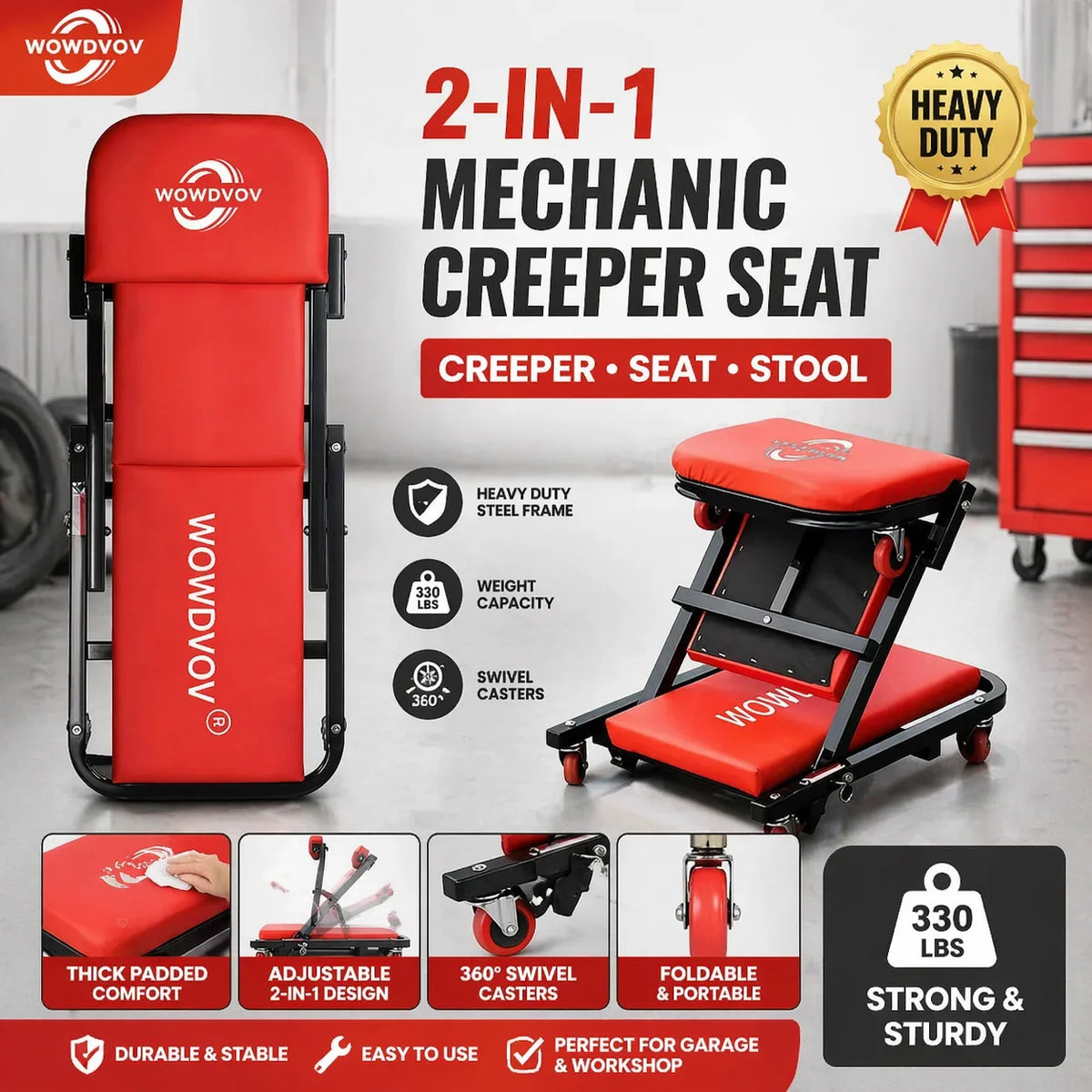 Ultimate 2-In-1 Mechanic Creeper Seat with Wheels - Heavy-Duty Adjustable Rolling Stool for Garage & Auto Shop