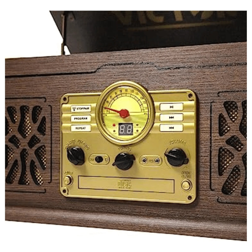 Victor State 7-In-1 Wood Music Center with 3-Speed Turntable and Dual Bluetooth
