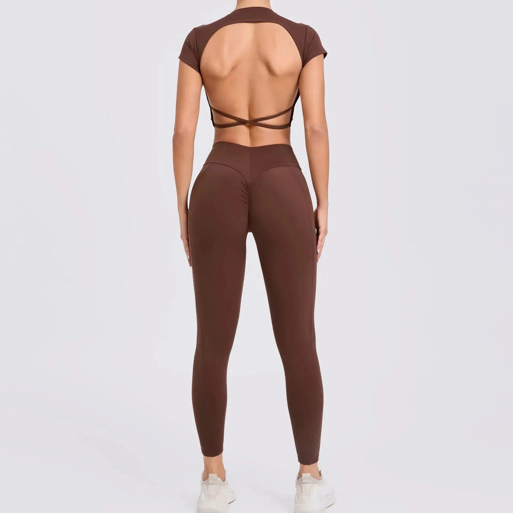 Cross Backless Sporty Set Women 2 Piece Sportswear Short Sleeve Training Suit for Fitness Yoga Wear Female Gym Workout Clothes