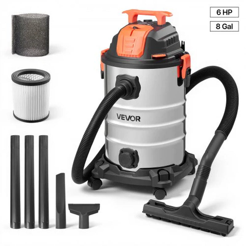 Shop Vac, 8 Gallon Wet Dry Shop Vacuum, 6 Peak HP with One-Button Self-Cleaning, Dual-Filter, 900W Input Power, 1.25In X 7Ft Hose, 9.8Ft Cord, Metal Tank for Jobsite, Workshop, Garage, Home