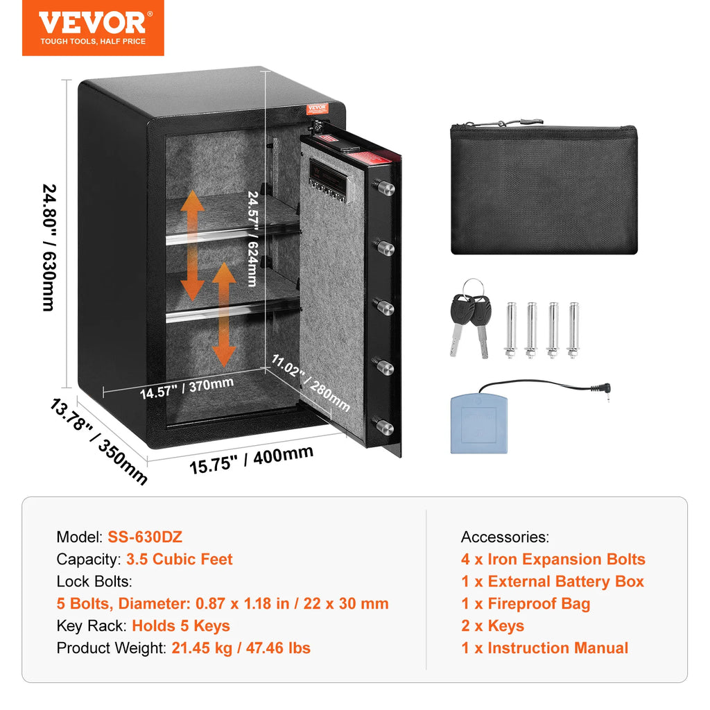 Succebuy Single/Double Door Safe Box with Key Lock Password & Fingerprint Safe Lock Box with Fireproof Bag Key Rack & LED Light