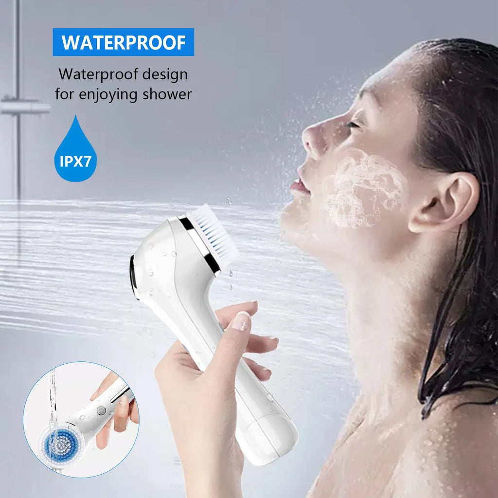 Facial Cleansing Brush, Brush for Exfoliating, IPX7 Waterproof 3 in 1 for Massaging, Deep Cleansing Rechargeable with 4 Brush Head Replacements, White