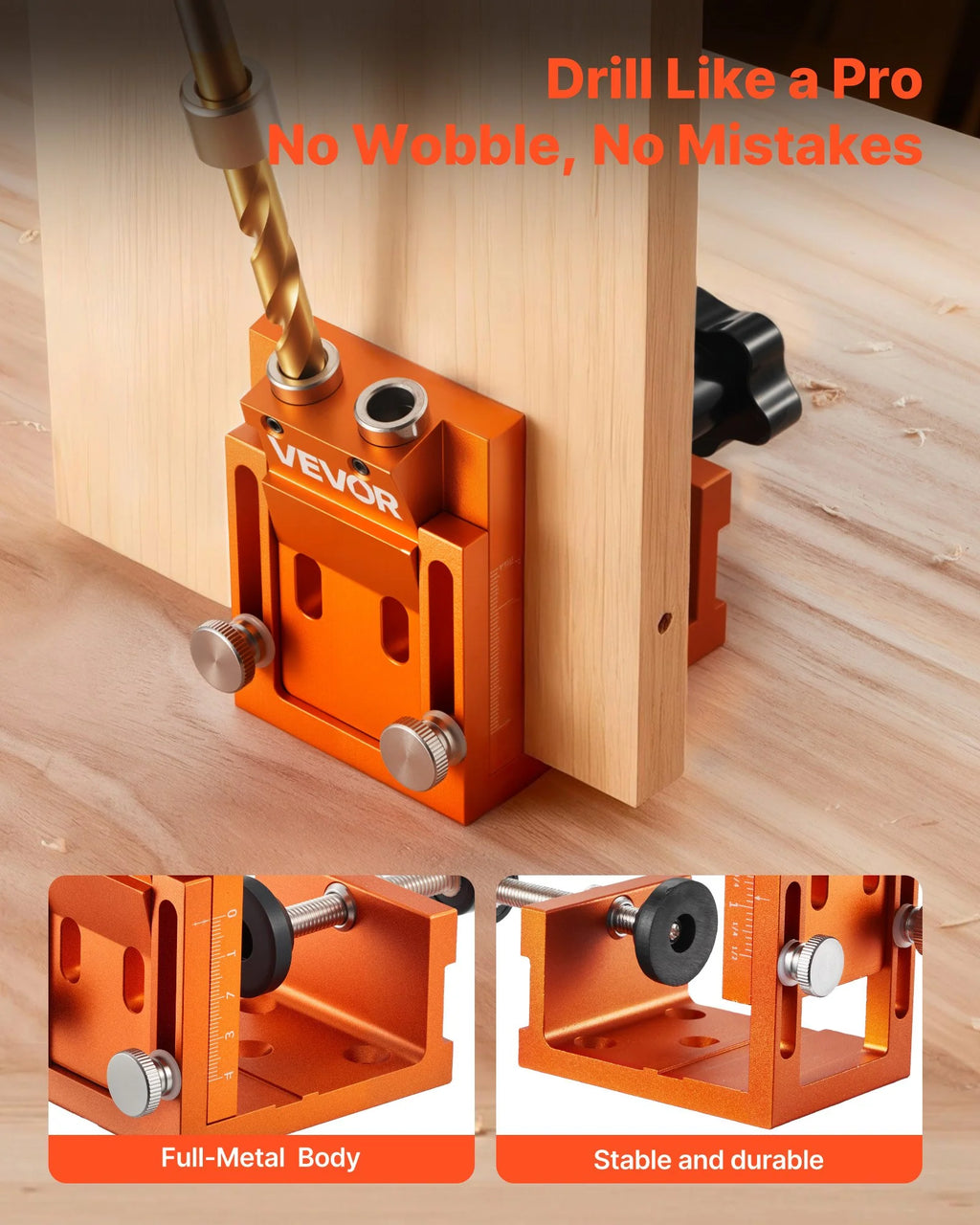 Pocket Hole Jig Kit, 0.47 to 1.89 in Adjustable, Jig Pocket Hole System with Step Drill, Hex Wrench, Drill Stop Ring, Square Drive Bit, Plugs and Screws, Reinforced Metal Frame, for Woodworking